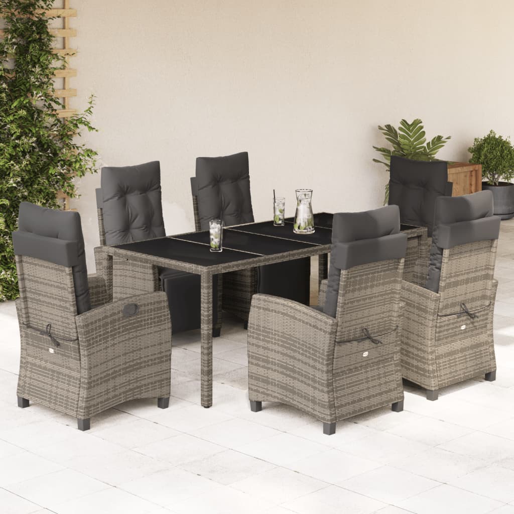 7-tlg. Garten-Essgruppe mit Kissen Grau Poly Rattan